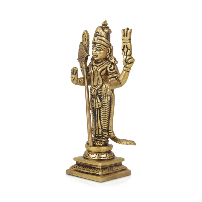 Murugan Statue Standing On Base - 6 x 3 Inches | Antique Brass Idol/ Kartikeya Statue For Devotional Worship