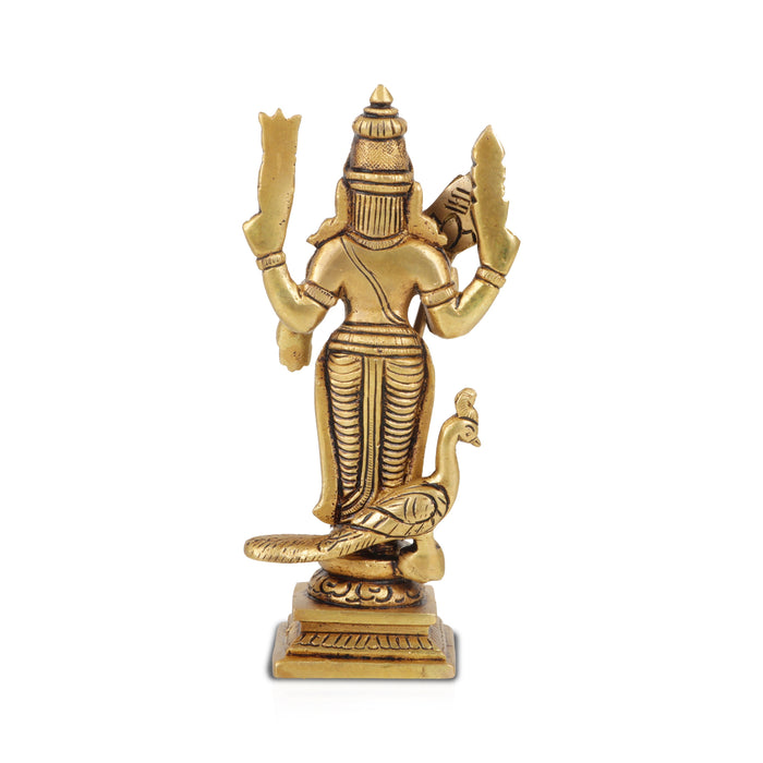 Murugan Statue Standing On Base - 6 x 3 Inches | Antique Brass Idol/ Kartikeya Statue For Devotional Worship