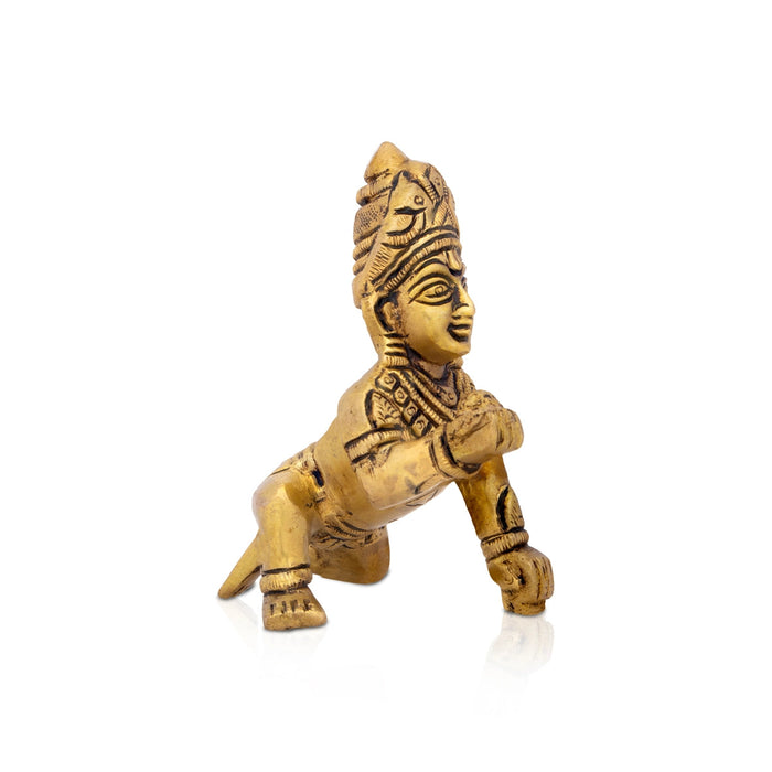 Crawling Krishna Statue - 3.5 x 2.75 Inches | Antique Brass Idol/ Laddu Gopal Murti for Pooja
