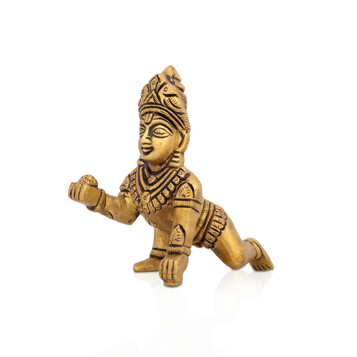 Crawling Krishna Statue - 3.5 x 2.75 Inches | Antique Brass Idol/ Laddu Gopal Murti for Pooja