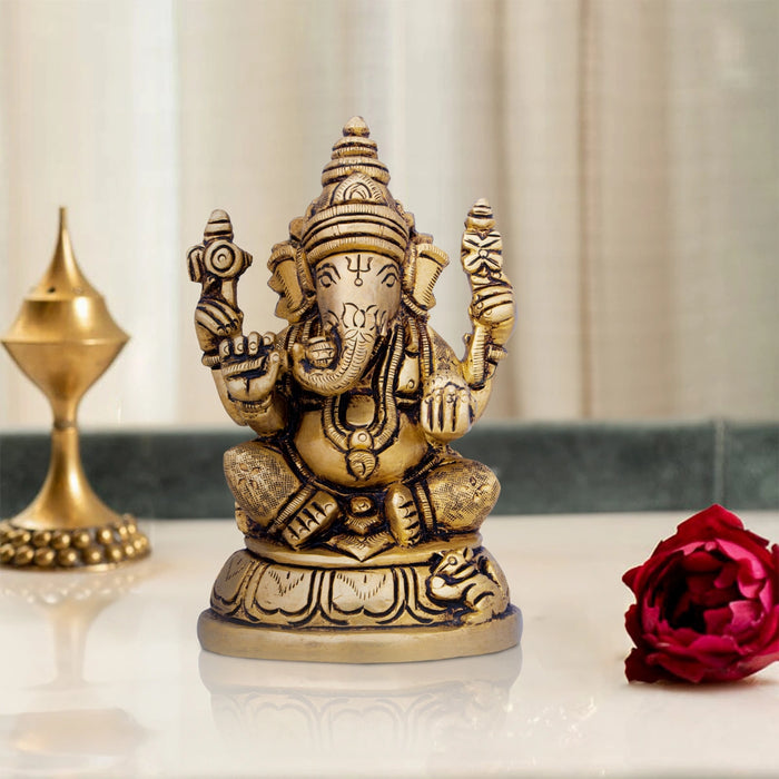 Ganesh Murti - 5 Inches | Antique Brass Statue/ Ganpati Murti/ Vinayaka Idol for Pooja/ 995 Gms Approx