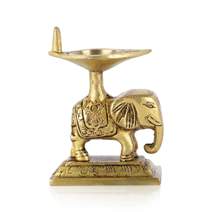 Elephant Design Brass Lamp - 3.5 x 3 Inches | Brass Pooja Diya/ Antique Polish Vilakku With Base for Home