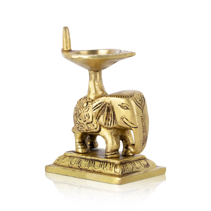 Elephant Design Brass Lamp - 3.5 x 3 Inches | Brass Pooja Diya/ Antique Polish Vilakku With Base for Home