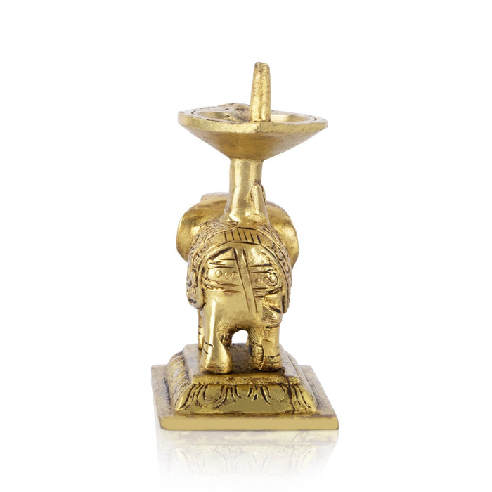 Elephant Design Brass Lamp - 3.5 x 3 Inches | Brass Pooja Diya/ Antique Polish Vilakku With Base for Home