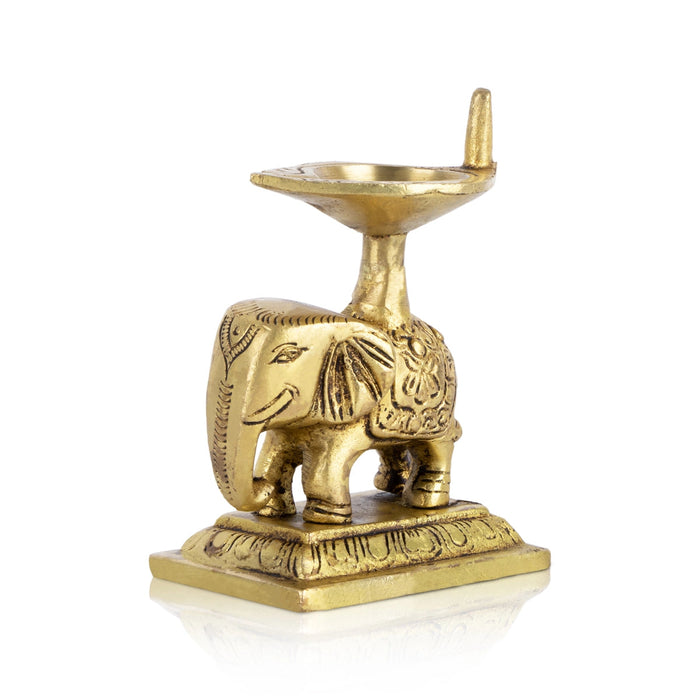 Elephant Design Brass Lamp - 3.5 x 3 Inches | Brass Pooja Diya/ Antique Polish Vilakku With Base for Home
