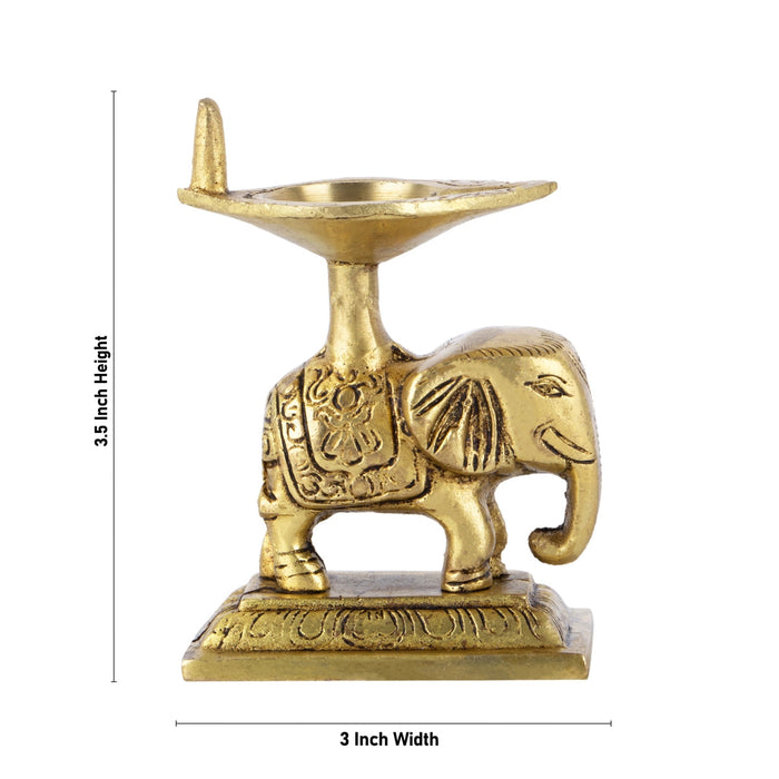 Elephant Design Brass Lamp - 3.5 x 3 Inches | Brass Pooja Diya/ Antique Polish Vilakku With Base for Home