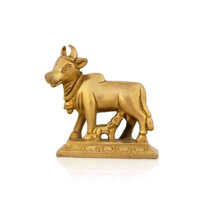 Cow With Calf Idol With Base - 2.5 x 2.25 Inches | Brass Idol/ Antique Polish Cow And Calf Statue for Pooja