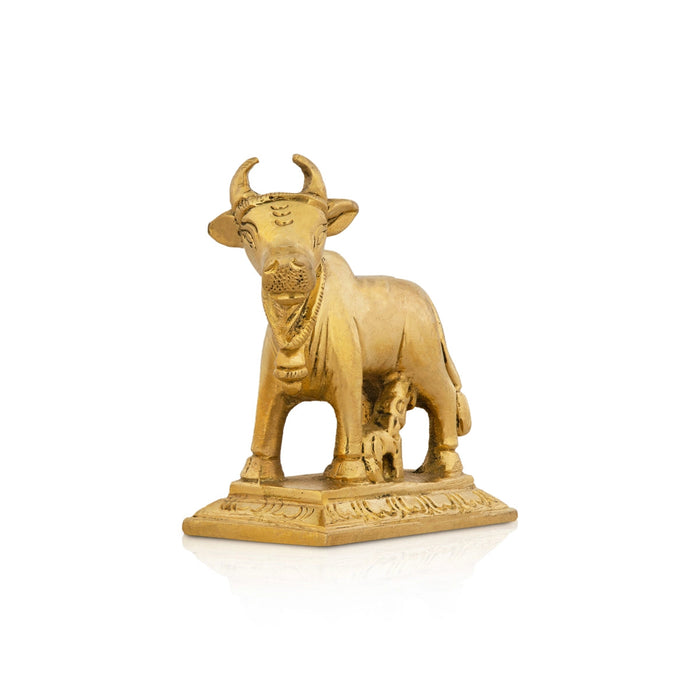 Cow With Calf Idol With Base - 2.5 x 2.25 Inches | Brass Idol/ Antique Polish Cow And Calf Statue for Pooja
