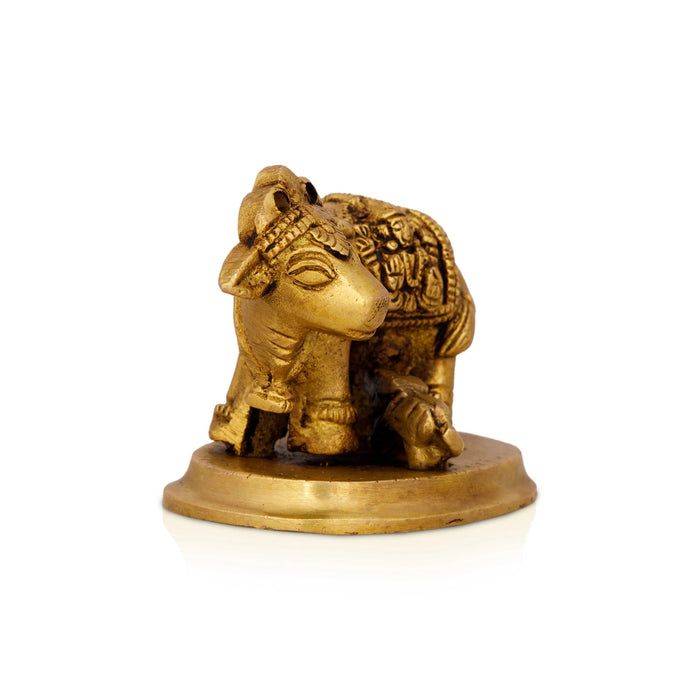 Kamdhenu Cow With Calf Idol With Base- 2.5x 2.5 Inches | Brass Idol/Antique Polish Cow And Calf Statue for Home