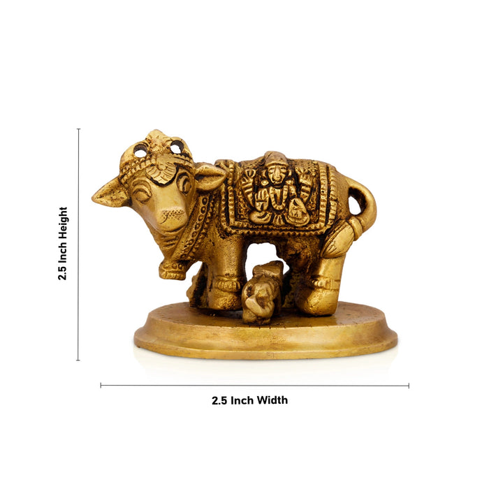 Kamdhenu Cow With Calf Idol With Base- 2.5x 2.5 Inches | Brass Idol/Antique Polish Cow And Calf Statue for Home