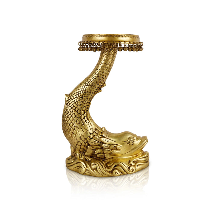 Fish Design Pooja Stand - 20 x 13 Inches | Ghungroo & Brass Stand/ Antique Polish Stool for Deity