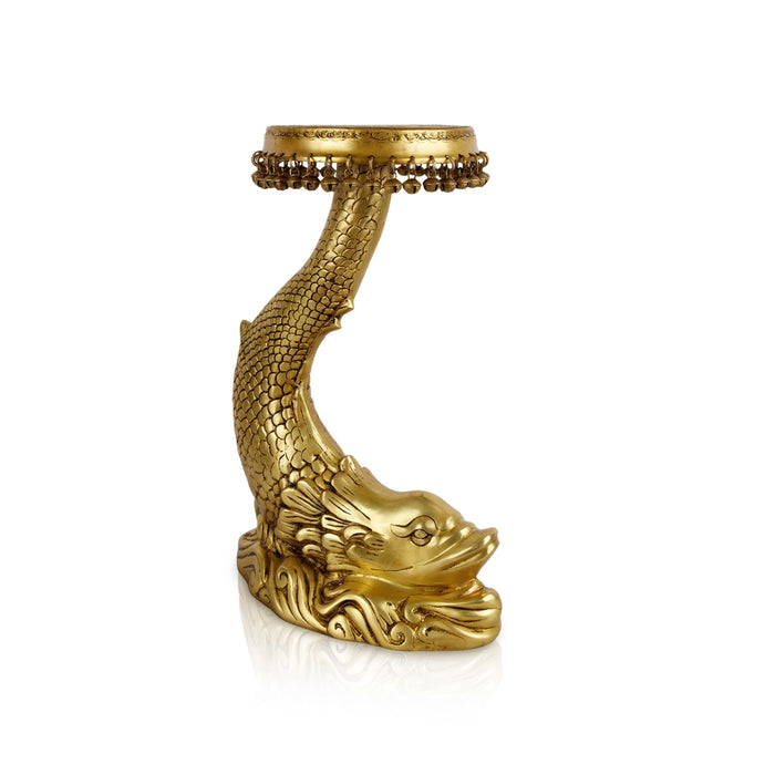Fish Design Pooja Stand - 20 x 13 Inches | Ghungroo & Brass Stand/ Antique Polish Stool for Deity