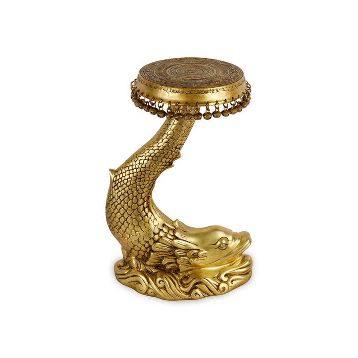 Fish Design Pooja Stand - 20 x 13 Inches | Ghungroo & Brass Stand/ Antique Polish Stool for Deity