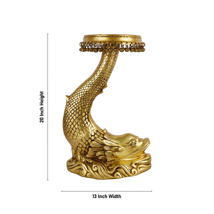 Fish Design Pooja Stand - 20 x 13 Inches | Ghungroo & Brass Stand/ Antique Polish Stool for Deity