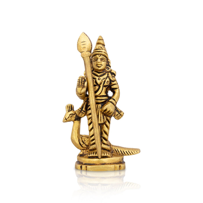 Murugan Statue With Peacock Standing On Base - 3.5 x 2 Inches | Antique Brass Idol/ Kartikeya Statue For Pooja