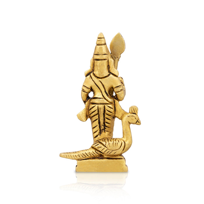 Murugan Statue With Peacock Standing On Base - 3.5 x 2 Inches | Antique Brass Idol/ Kartikeya Statue For Pooja
