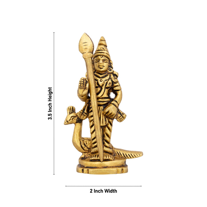 Murugan Statue With Peacock Standing On Base - 3.5 x 2 Inches | Antique Brass Idol/ Kartikeya Statue For Pooja