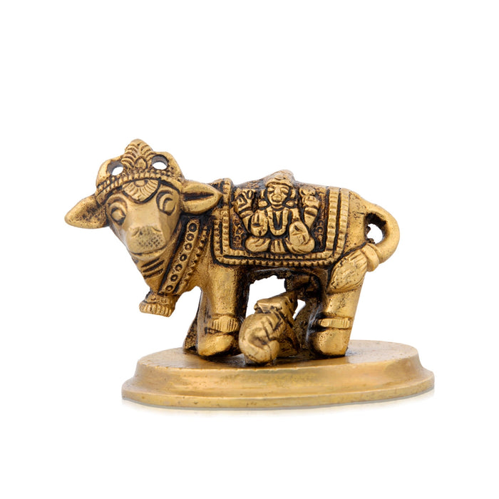Cow With Calf Idol With Base - 2 x 2.75 Inches | Brass Idol/ Antique Polish Cow And Calf Statue for Pooja