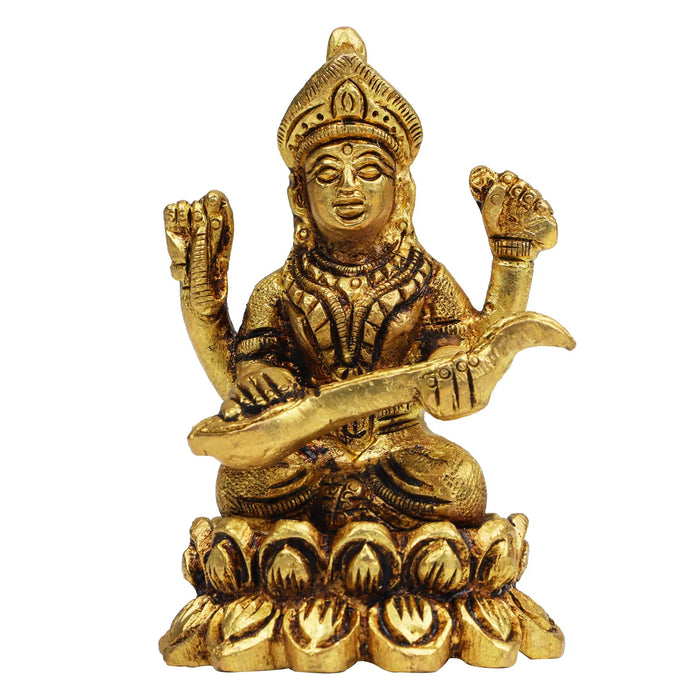 Saraswati Statue - 3 Inches | Saraswathi Statue/ Antique Brass Statue for Pooja/ 250 Gms Approx