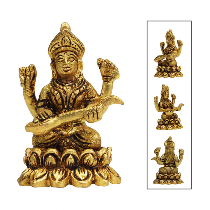 Saraswati Statue - 3 Inches | Saraswathi Statue/ Antique Brass Statue for Pooja/ 250 Gms Approx