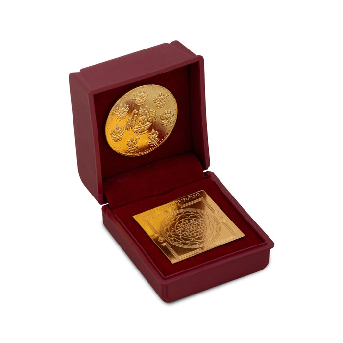 Lakshmi Chakra With Lakshmi Coin Box - 3 x 2 Inches | Gold Polish Laxmi Coin And Laxmi Chakra Box for Pooja