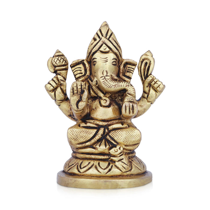 Ganesha Statue Sitting On Base - 3 x 2.5 Inches | Antique Brass Idol/ Vinayaka Idol/ Ganapathy Idol for Pooja