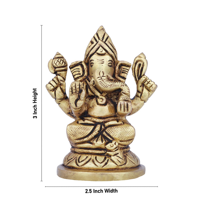 Ganesha Statue Sitting On Base - 3 x 2.5 Inches | Antique Brass Idol/ Vinayaka Idol/ Ganapathy Idol for Pooja