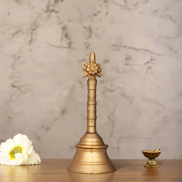 Brass Hand Bell - 8 x 3.5 Inches | Shankh Chakra Handle Pooja Bell/ Brass Bell for Home