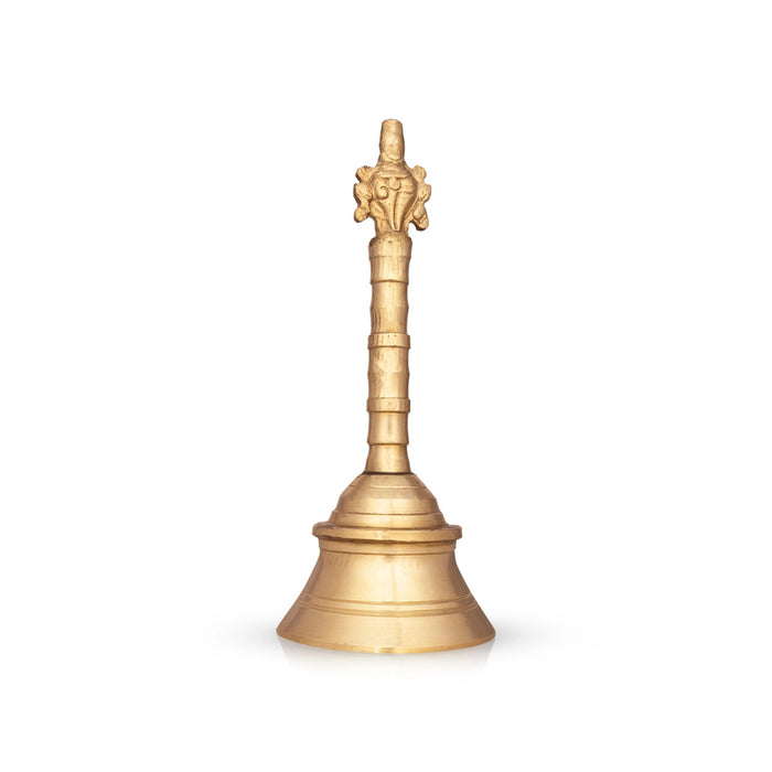 Brass Hand Bell - 8 x 3.5 Inches | Shankh Chakra Handle Pooja Bell/ Brass Bell for Home