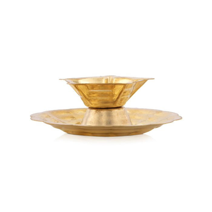5 Face Brass Lamp With Plate - 1.5 x 3 Inches | Brass Pooja Diya/ Brass Deepam/ Brass Vilakku for Home