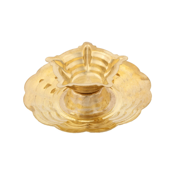 5 Face Brass Lamp With Plate - 1.5 x 3 Inches | Brass Pooja Diya/ Brass Deepam/ Brass Vilakku for Home