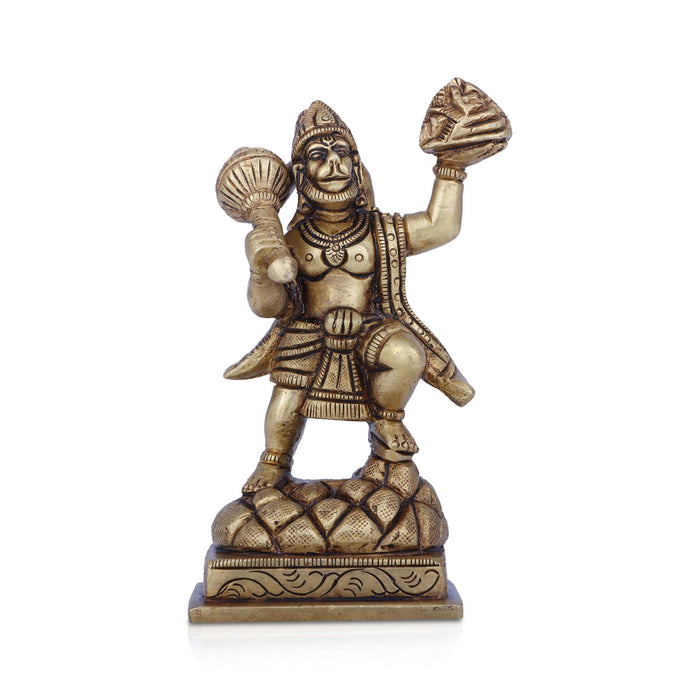 Hanuman Statue Lifting Sanjeevani Mountain - 4 x 3 Inches | Antique Brass Idol/ Anjaneya Statue for Pooja