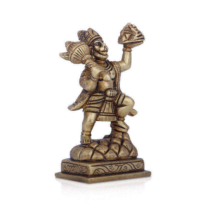 Hanuman Statue Lifting Sanjeevani Mountain - 4 x 3 Inches | Antique Brass Idol/ Anjaneya Statue for Pooja