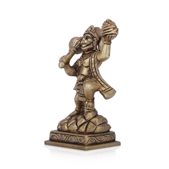 Hanuman Statue Lifting Sanjeevani Mountain - 4 x 3 Inches | Antique Brass Idol/ Anjaneya Statue for Pooja