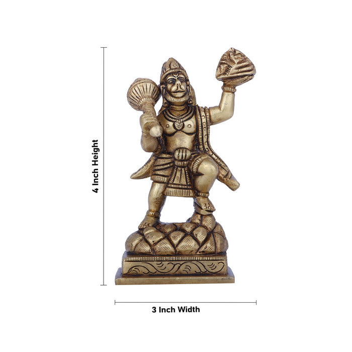 Hanuman Statue Lifting Sanjeevani Mountain - 4 x 3 Inches | Antique Brass Idol/ Anjaneya Statue for Pooja