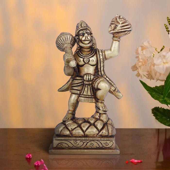 Hanuman Statue Lifting Sanjeevani Mountain - 4 x 3 Inches | Antique Brass Idol/ Anjaneya Statue for Pooja