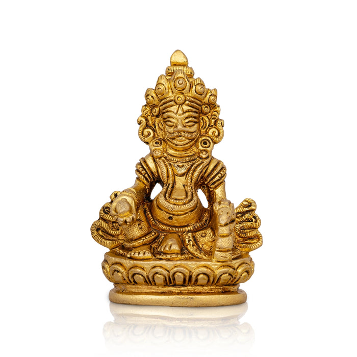 Kuber Statue Sitting On Flower Base - 3 x 2 Inches | Kuber Murti/ Antique Brass Idol/ Kubera Statue for Pooja