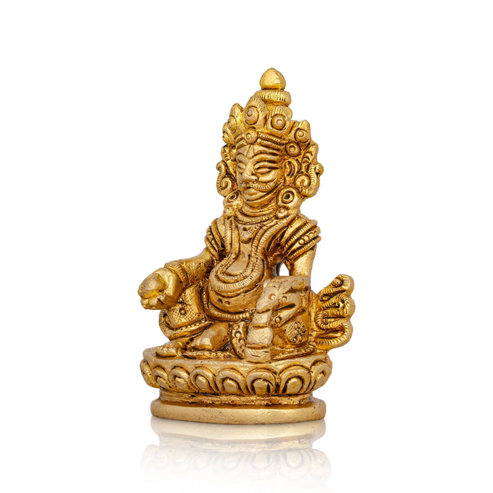 Kuber Statue Sitting On Flower Base - 3 x 2 Inches | Kuber Murti/ Antique Brass Idol/ Kubera Statue for Pooja