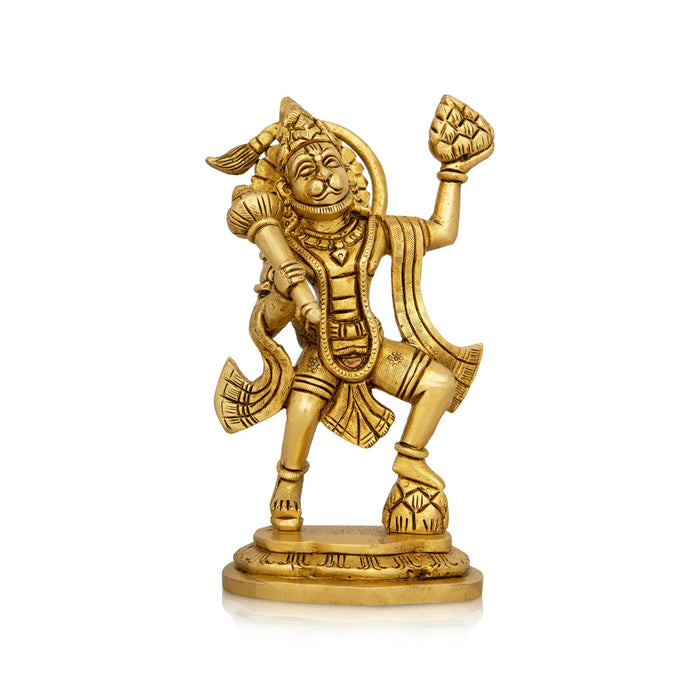 Hanuman Statue Lifting Sanjeevani Mountain - 6.5 x 4 Inches | Antique Brass Idol/ Anjaneya Statue for Pooja