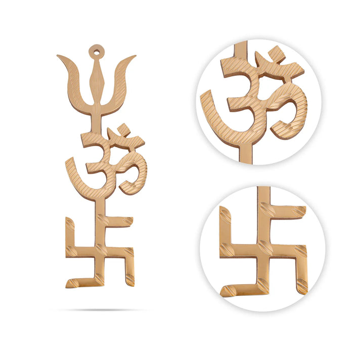 Tri Shakti Yantra Trishul Om Swastik - 4 x 1.5 Inches | Gold Polish Swastik Om Trishul Wall Hanging for Home