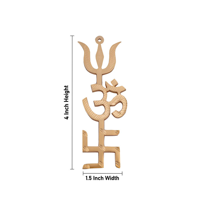 Tri Shakti Yantra Trishul Om Swastik - 4 x 1.5 Inches | Gold Polish Swastik Om Trishul Wall Hanging for Home
