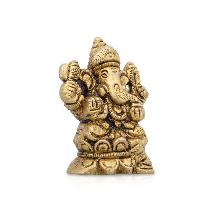 Ganesh Sitting On Kamal Statue - 2 x 1.5 Inches | Antique Brass Statue/ Vinayagar Idol for Pooja/ 150 Gms Approx