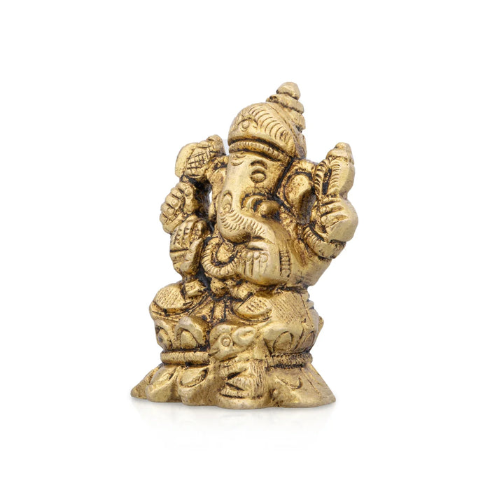 Ganesh Sitting On Kamal Statue - 2 x 1.5 Inches | Antique Brass Statue/ Vinayagar Idol for Pooja/ 150 Gms Approx