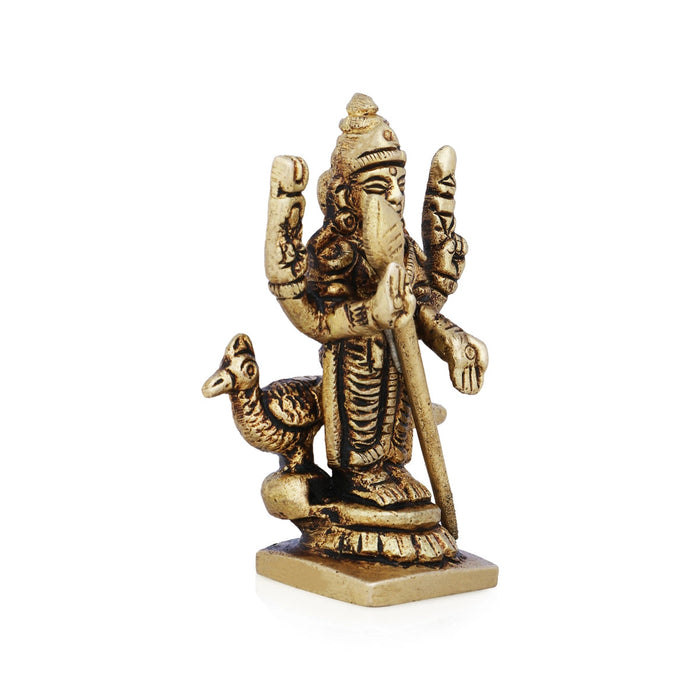 Murugan Statue Standing On Base- 2.5 x 1.75 Inches | Antique Brass Idol/Kartikeya Statue With Peacock for Pooja