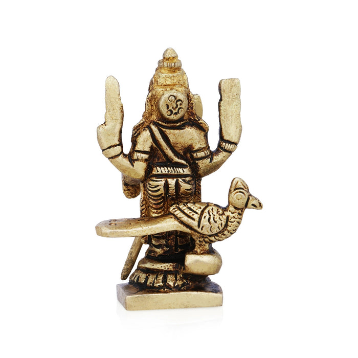 Murugan Statue Standing On Base- 2.5 x 1.75 Inches | Antique Brass Idol/Kartikeya Statue With Peacock for Pooja
