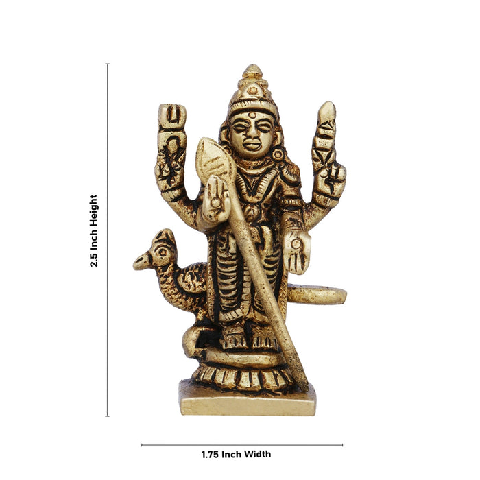 Murugan Statue Standing On Base- 2.5 x 1.75 Inches | Antique Brass Idol/Kartikeya Statue With Peacock for Pooja