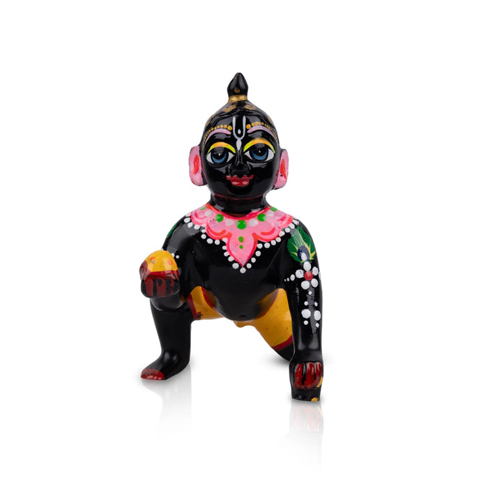 Crawling Krishna Statue - 5 x 4 Inches | Antique Brass Idol/ Painted Laddu Gopal Murti for Pooja