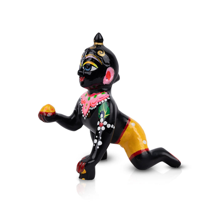 Crawling Krishna Statue - 5 x 4 Inches | Antique Brass Idol/ Painted Laddu Gopal Murti for Pooja