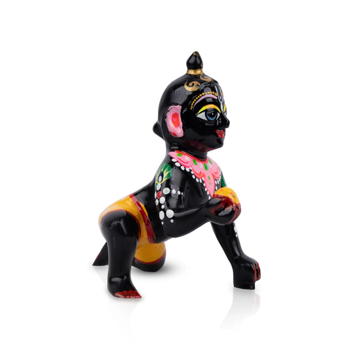 Crawling Krishna Statue - 5 x 4 Inches | Antique Brass Idol/ Painted Laddu Gopal Murti for Pooja