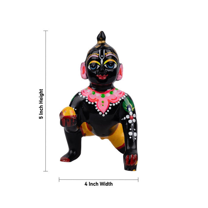 Crawling Krishna Statue - 5 x 4 Inches | Antique Brass Idol/ Painted Laddu Gopal Murti for Pooja